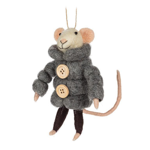 Wool-felt mouse ornament wearing a grey puffer parka with large wood buttons.