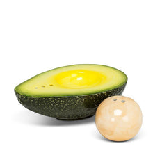 Load image into Gallery viewer, Ceramic avocado salt and pepper shaker set with green avocado half and removable pit shaker
