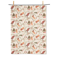 Load image into Gallery viewer, Natural cotton Christmas kitchen towel with festive bears, trees, greenery, gifts, and woodland holiday details
