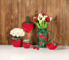 Load image into Gallery viewer, Strawberry-shaped stoneware salt and pepper shaker set with glossy red berries and green leafy tops
