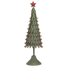 Load image into Gallery viewer, Layered green metal pedestal tree with red berries and star topper
