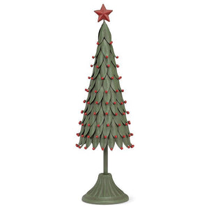 Layered green metal pedestal tree with red berries and star topper