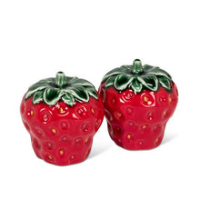 Load image into Gallery viewer, Strawberry-shaped stoneware salt and pepper shaker set with glossy red berries and green leafy tops
