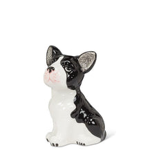 Load image into Gallery viewer, Ceramic sitting French bulldog bud vase in glossy black and white with a small opening at the top, shown on a white background
