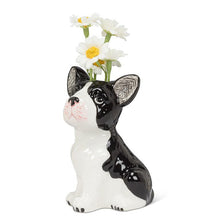 Load image into Gallery viewer, Ceramic sitting French bulldog bud vase in glossy black and white with a small opening at the top, shown on a white background

