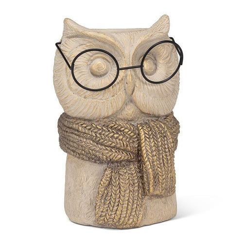 Tan and gold sculpted owl vase with scarf and round metal glasses, 7.5 inches tall, 2.5 inch opening