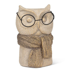 Tan and gold sculpted owl vase with scarf and round metal glasses, 7.5 inches tall, 2.5 inch opening