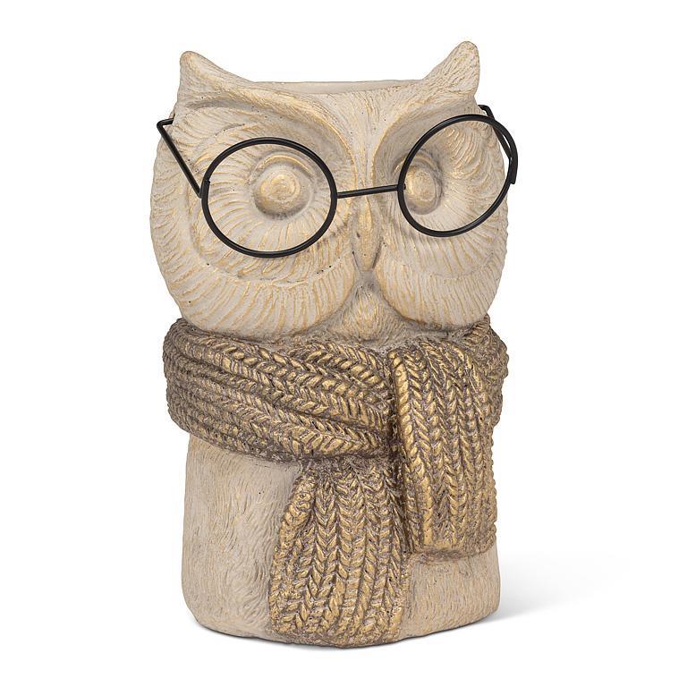 Tan and gold sculpted owl vase with scarf and round metal glasses, 7.5 inches tall, 2.5 inch opening