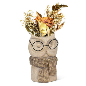 Tan and gold sculpted owl vase with scarf and round metal glasses, 7.5 inches tall, 2.5 inch opening