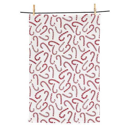 White cotton kitchen towel with red candy cane print, 18×28