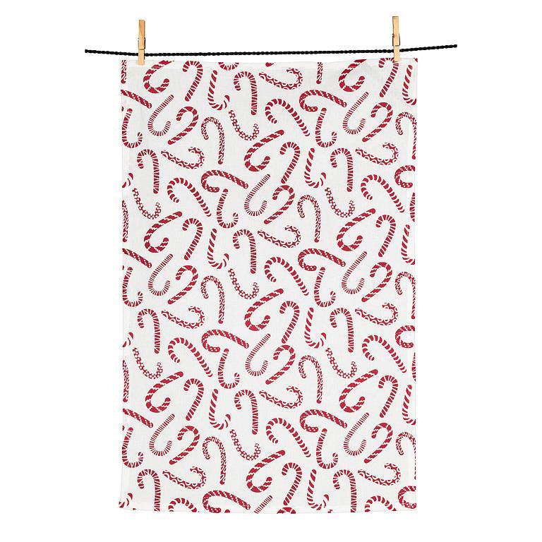 White cotton kitchen towel with red candy cane print, 18×28