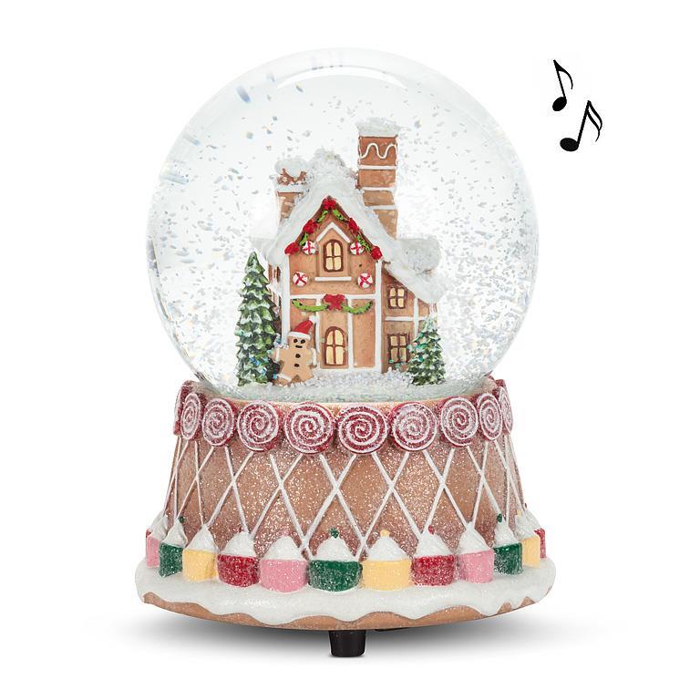 Candy Cottage Musical Snow Globe—gingerbread house in glass globe on candy base, plays music