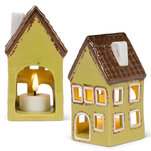 Green stoneware cottage tealight holder with windows and chimney, 5 inches tall