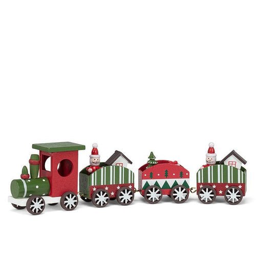 Red and green wooden holiday train set with Santa, cottages, and trees on linked cars