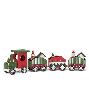 Red and green wooden holiday train set with Santa, cottages, and trees on linked cars