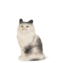 Load image into Gallery viewer, Ceramic Persian cat bud vase in white and grey with a small opening at the top, shown on a white background
