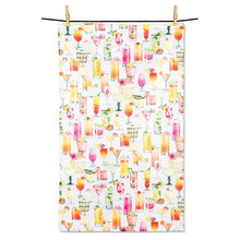 Load image into Gallery viewer, Double-sided kitchen towel with colorful cocktail illustrations, hanging on a line with clothespins
