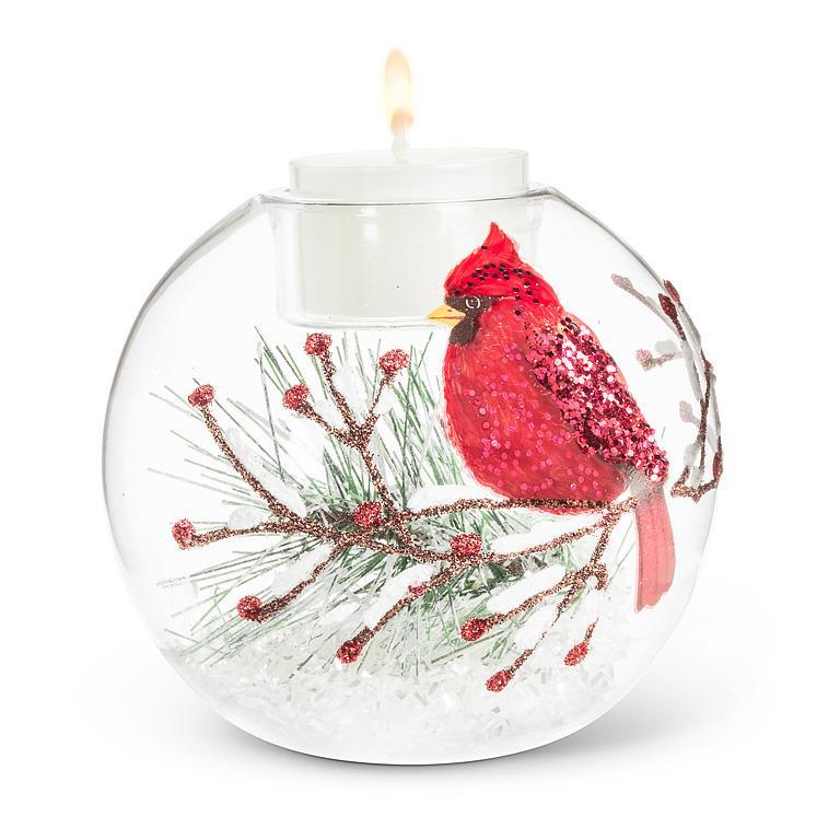 Crimson Cardinal Votive—glass globe candle holder with red cardinal on snow-dusted pine branch