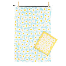 Load image into Gallery viewer, Daisy print kitchen towel with matching yellow dishcloth in blue, white, and yellow

