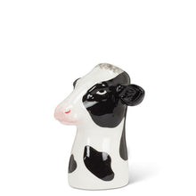 Load image into Gallery viewer, Ceramic Holstein cow head bud vase in glossy black and white with a small opening at the top, shown on a white background
