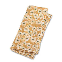 Load image into Gallery viewer, Yellow cotton napkin with white daisy floral pattern and green centres
