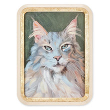 Load image into Gallery viewer, Gold-framed wall art featuring a grey cat portrait with blue eyes on a deep green background
