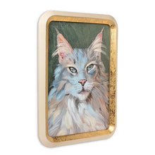 Load image into Gallery viewer, Gold-framed wall art featuring a grey cat portrait with blue eyes on a deep green background

