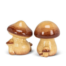 Load image into Gallery viewer, Ceramic mushroom salt and pepper shaker set with tan stems and glossy brown caps
