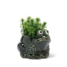 Load image into Gallery viewer, Dark green crouched frog-shaped stoneware planter with a 2-inch opening
