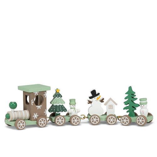 Pastel green wooden holiday train set with snowmen and trees on linked cars
