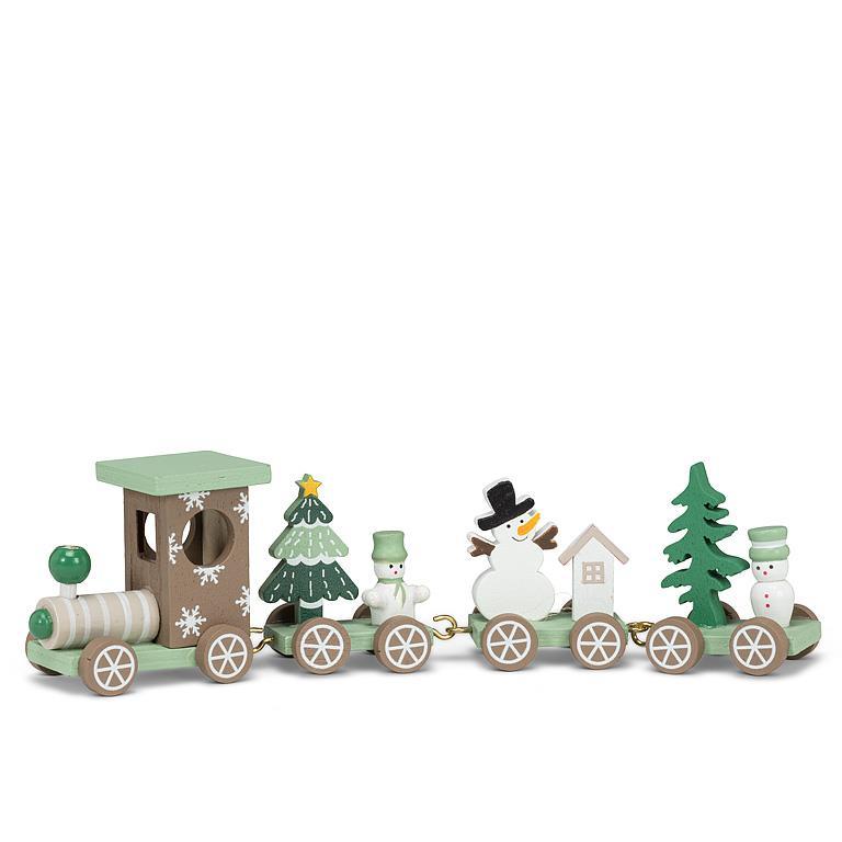 Pastel green wooden holiday train set with snowmen and trees on linked cars