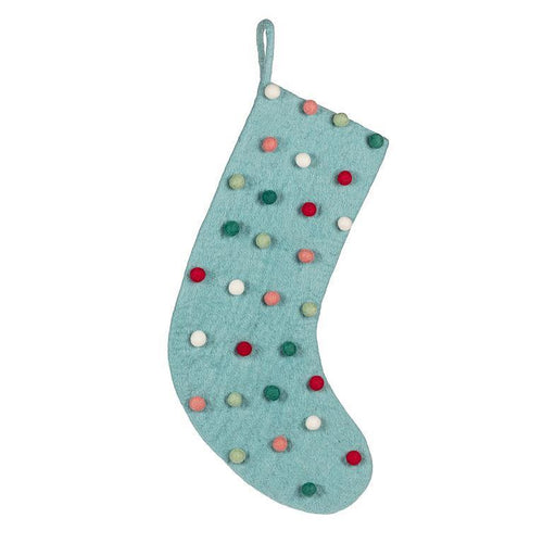 Icy aqua wool stocking with multicolor felt pom poms, hanging loop at top.