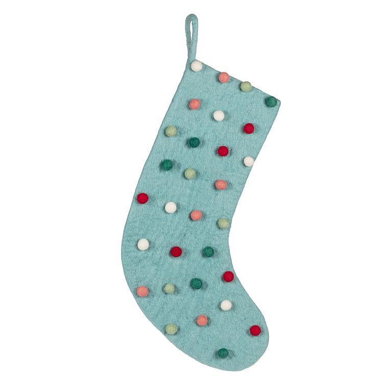Icy aqua wool stocking with multicolor felt pom poms, hanging loop at top.