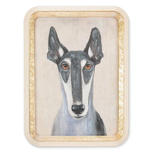 Load image into Gallery viewer, Gold-framed wall art featuring a painted long-eared dog portrait in grey and black on a warm neutral background

