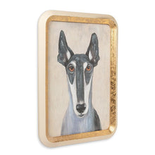Load image into Gallery viewer, Gold-framed wall art featuring a painted long-eared dog portrait in grey and black on a warm neutral background
