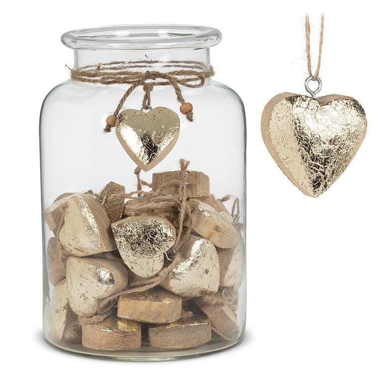 Amalsroom jar filled with 60 gilded mangowood heart ornaments with jute ties.
