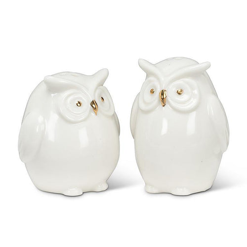 White porcelain owl salt and pepper shaker set with gold beaks and eyes, 2.5 inches tall