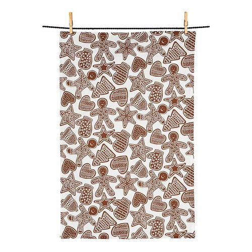 White cotton kitchen towel with gingerbread cookie print by Kris Ruff, 18x28