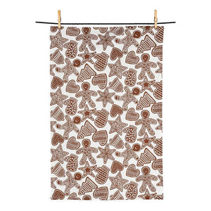 White cotton kitchen towel with gingerbread cookie print by Kris Ruff, 18x28