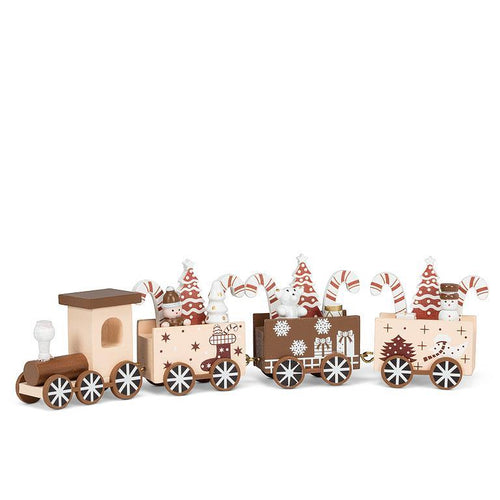 Neutral wooden gingerbread train set with candy canes, toys and trees