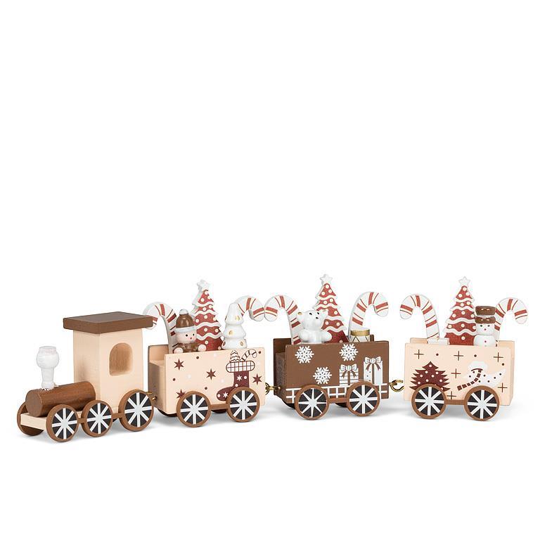 Neutral wooden gingerbread train set with candy canes, toys and trees