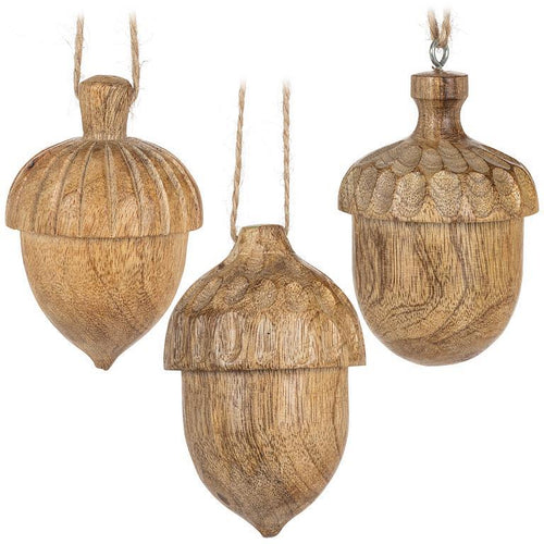 Set of three handcarved mango-wood acorn ornaments in natural finish with hanging loops, each about 3.5 inches tall.