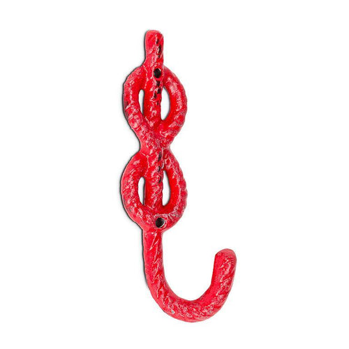 Cast-iron rope-knot wall hook with textured antique red finish, 5.5 inches tall
