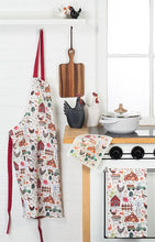 Load image into Gallery viewer, Farmyard apron close-up showing colourful barns, chickens, and tractor print
