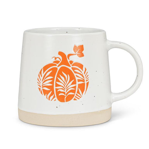 Wide-base stoneware pumpkin mug in speckled ivory with orange folk-pumpkin, 14 oz