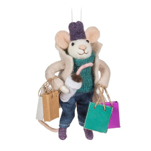 Wool-felt mouse ornament holding shopping bags and a festive latte.