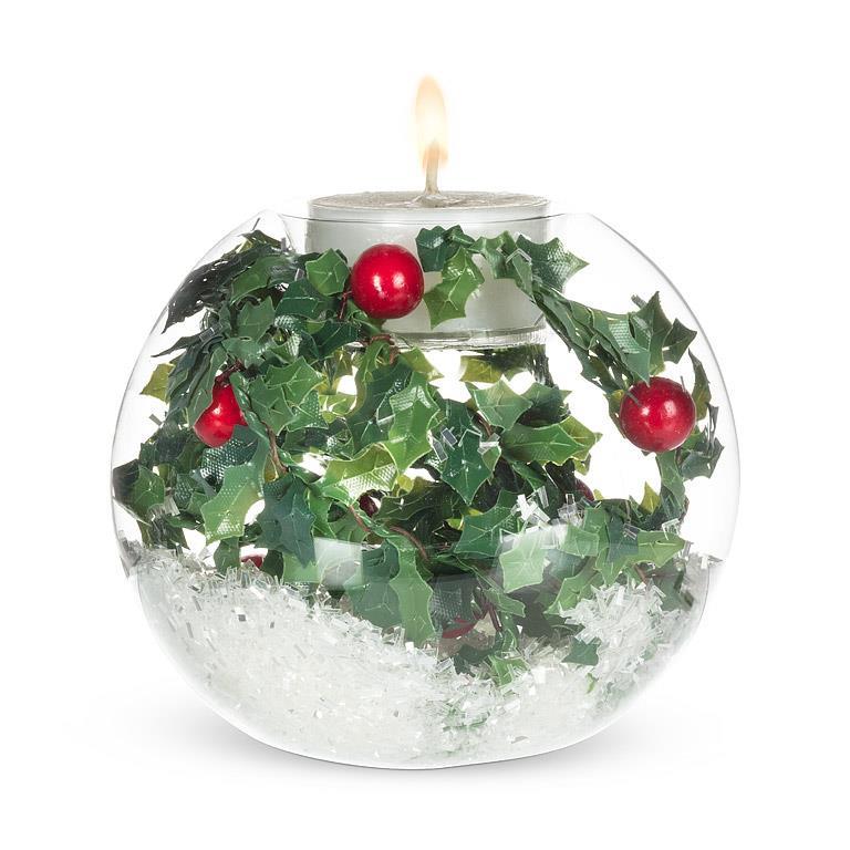Holly Snowball Votive—glass votive holder with holly leaves and snowy texture, candlelit on a mantel
