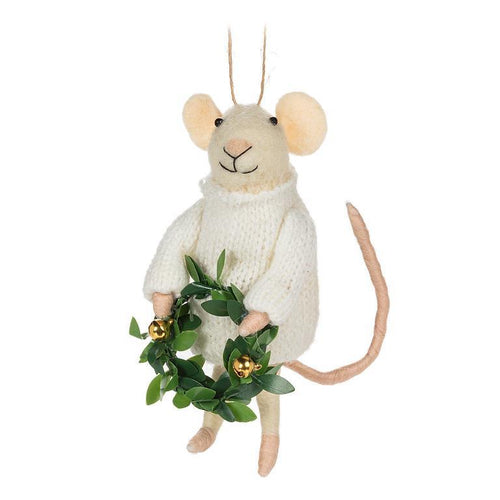 Wool-felt mouse ornament in ivory sweater holding a green wreath with gold bells.