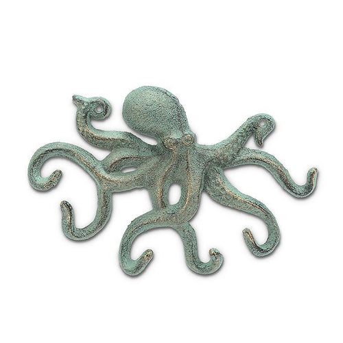 Verdigris cast-iron octopus wall hook with multiple curling arms, 10