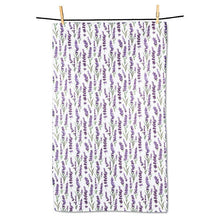 Load image into Gallery viewer, Double-sided kitchen towel with repeating lavender sprigs pattern in purple, hanging on a line with clothespins
